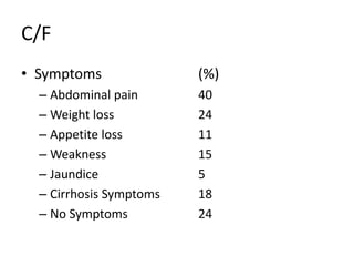 C/F
• Symptoms (%)
– Abdominal pain 40
– Weight loss 24
– Appetite loss 11
– Weakness 15
– Jaundice 5
– Cirrhosis Symptoms 18
– No Symptoms 24
 