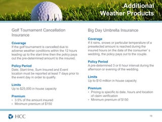 Additional
                                                              Weather Products

Golf Tournament Cancellation                         Big Day Umbrella Insurance
Insurance
                                                     Coverage
Coverage                                             If it rains, snows or particular temperature of a
If the golf tournament is cancelled due to           preselected amount is reached during the
adverse weather conditions within the 12 hours       insured hours on the date of the consumer’s
leading up to the start time then the policy pays    wedding, the policy pays out to the couple.
out the pre-determined amount to the insured.
                                                     Policy Period
Policy Period                                        A pre-determined 3 or 6 hour interval during the
Date, Start time, Sum Insured and Event              afternoon or evening of the wedding.
location must be reported at least 7 days prior to
the event day in order to qualify.                   Limits
                                                     Up to $10 million in house capacity
Limits
Up to $25,000 in house capacity                      Premium
                                                     • Pricing is specific to date, hours and location
Premium                                                of claim verification
• 3.5% of the amount insured                         • Minimum premium of $150
• Minimum premium of $150



                                                                                                    18
 