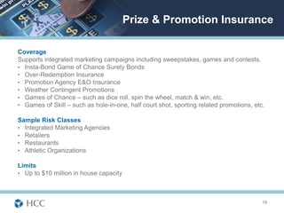 Prize & Promotion Insurance

Coverage
Supports integrated marketing campaigns including sweepstakes, games and contests.
• Insta-Bond Game of Chance Surety Bonds
• Over-Redemption Insurance
• Promotion Agency E&O Insurance
• Weather Contingent Promotions
• Games of Chance – such as dice roll, spin the wheel, match & win, etc.
• Games of Skill – such as hole-in-one, half court shot, sporting related promotions, etc.

Sample Risk Classes
• Integrated Marketing Agencies
• Retailers
• Restaurants
• Athletic Organizations

Limits
• Up to $10 million in house capacity




                                                                                         19
 