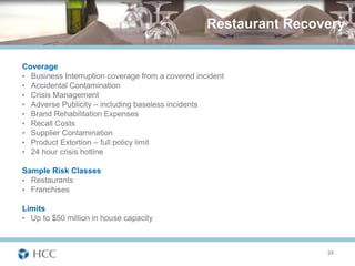 Restaurant Recovery

Coverage
• Business Interruption coverage from a covered incident
• Accidental Contamination
• Crisis Management
• Adverse Publicity – including baseless incidents
• Brand Rehabilitation Expenses
• Recall Costs
• Supplier Contamination
• Product Extortion – full policy limit
• 24 hour crisis hotline

Sample Risk Classes
• Restaurants
• Franchises

Limits
• Up to $50 million in house capacity



                                                                   24
 