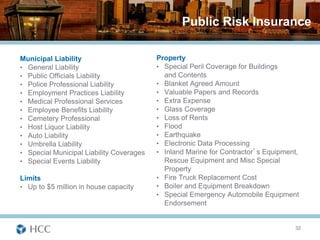 Public Risk Insurance

Municipal Liability                       Property
• General Liability                       • Special Peril Coverage for Buildings
• Public Officials Liability                and Contents
• Police Professional Liability           • Blanket Agreed Amount
• Employment Practices Liability          • Valuable Papers and Records
• Medical Professional Services           • Extra Expense
• Employee Benefits Liability             • Glass Coverage
• Cemetery Professional                   • Loss of Rents
• Host Liquor Liability                   • Flood
• Auto Liability                          • Earthquake
• Umbrella Liability                      • Electronic Data Processing
• Special Municipal Liability Coverages   • Inland Marine for Contractor’s Equipment,
• Special Events Liability                  Rescue Equipment and Misc Special
                                            Property
Limits                                    • Fire Truck Replacement Cost
• Up to $5 million in house capacity      • Boiler and Equipment Breakdown
                                          • Special Emergency Automobile Equipment
                                            Endorsement


                                                                                   32
 