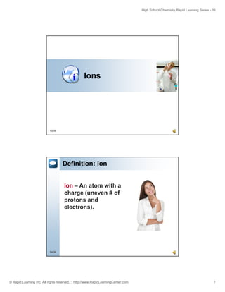 High School Chemistry Rapid Learning Series - 06
© Rapid Learning Inc. All rights reserved. :: http://www.RapidLearningCenter.com 7
Ions
13/36
Definition: Ion
Ion – An atom with a
charge (uneven # of
protons and
electrons).
14/36
 