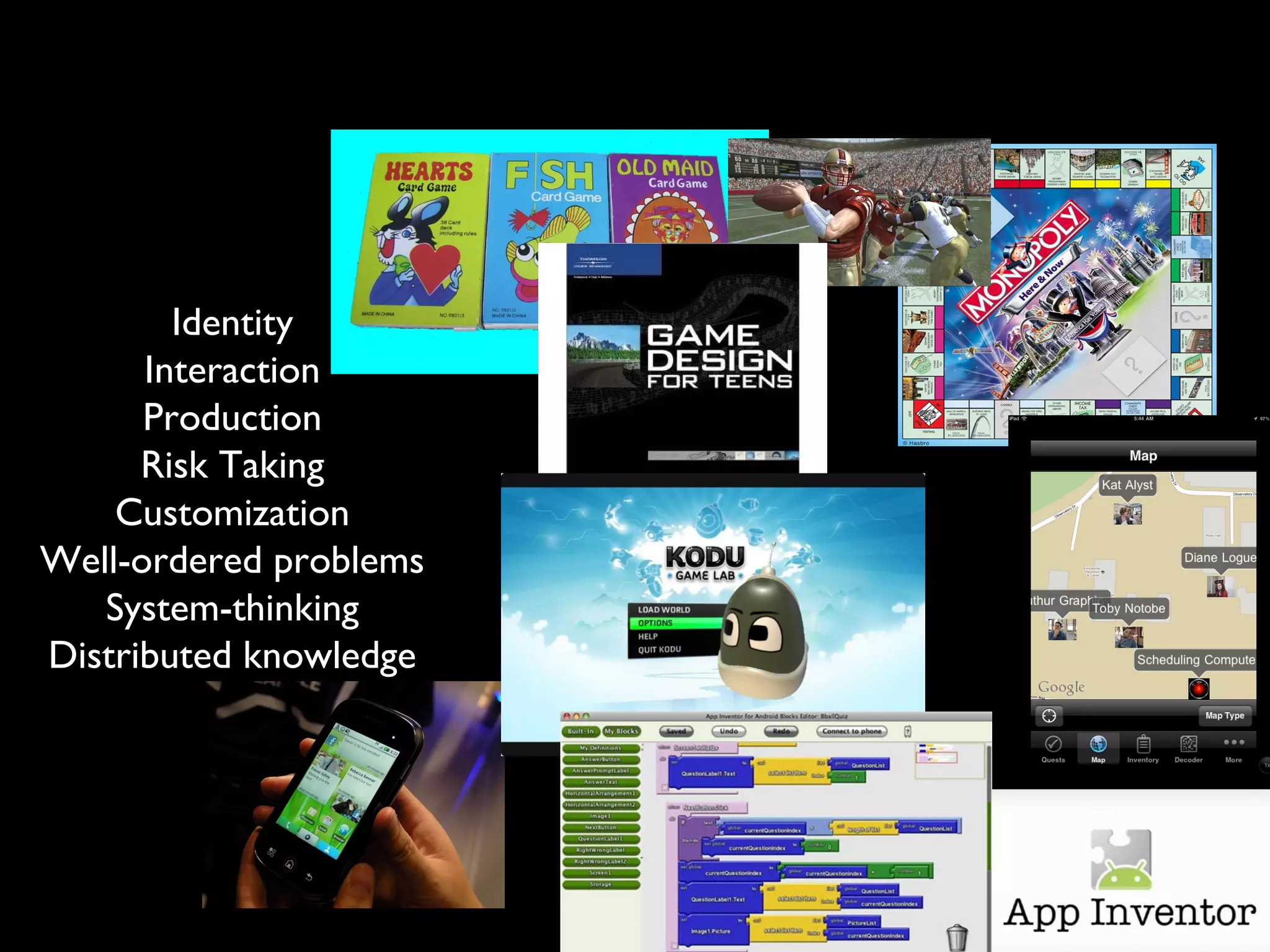 Identity
      Interaction
      Production
      Risk Taking
    Customization
Well-ordered problems
   System-thinking
Distributed knowledge
 