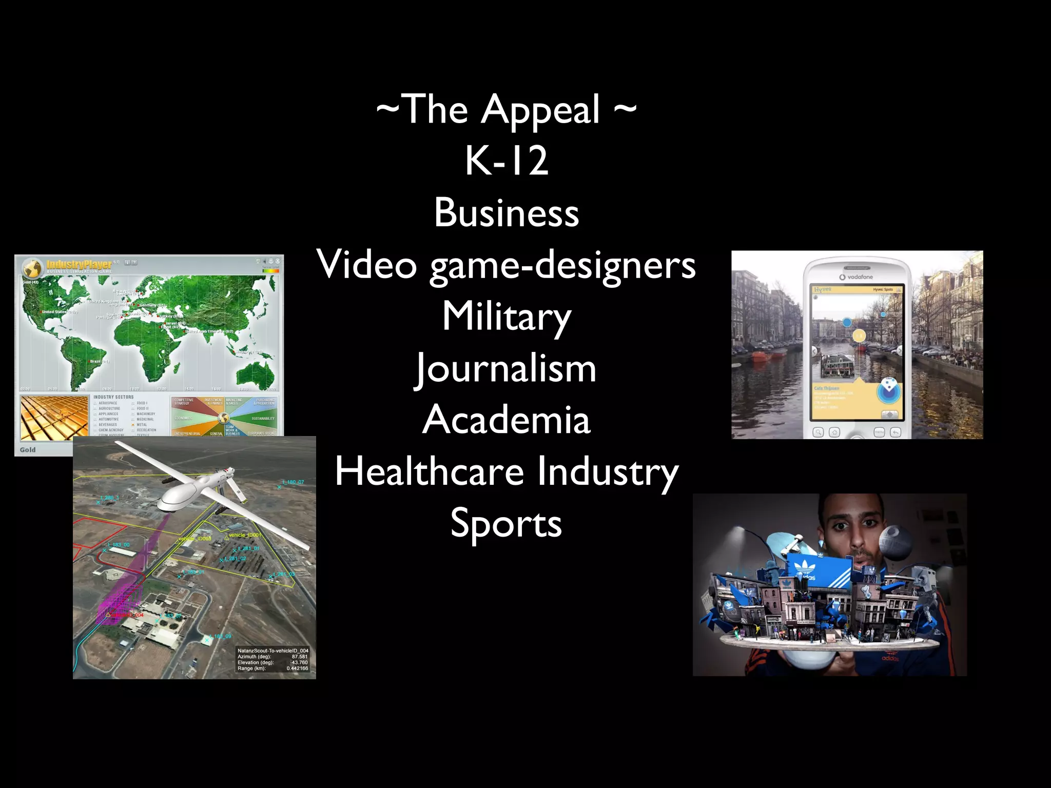 ~The Appeal ~
        K-12
      Business
Video game-designers
       Military
     Journalism
      Academia
 Healthcare Industry
       Sports
 