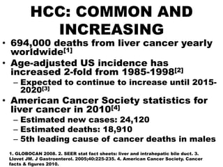 HCC: COMMON AND
           INCREASING
• 694,000 deaths from liver cancer yearly
  worldwide[1]
• Age-adjusted US incidence has
  increased 2-fold from 1985-1998[2]
  – Expected to continue to increase until 2015-
    2020[3]
• American Cancer Society statistics for
  liver cancer in 2010[4]
  – Estimated new cases: 24,120
  – Estimated deaths: 18,910
  – 5th leading cause of cancer deaths in males
 1. GLOBOCAN 2008. 2. SEER stat fact sheets: liver and intrahepatic bile duct. 3.
 Llovet JM. J Gastroenterol. 2005;40:225-235. 4. American Cancer Society. Cancer
 facts & figures 2010.
 