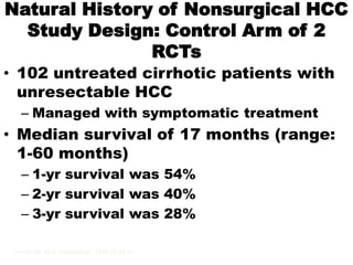 Natural History of Nonsurgical HCC
  Study Design: Control Arm of 2
               RCTs
• 102 untreated cirrhotic patients with
  unresectable HCC
   – Managed with symptomatic treatment
• Median survival of 17 months (range:
  1-60 months)
   – 1-yr survival was 54%
   – 2-yr survival was 40%
   – 3-yr survival was 28%

 Llovet JM, et al. Hepatology. 1999;29:62-67.
 