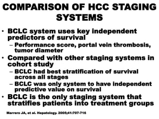 COMPARISON OF HCC STAGING
        SYSTEMS
• BCLC system uses key independent
  predictors of survival
  – Performance score, portal vein thrombosis,
    tumor diameter
• Compared with other staging systems in
  cohort study
  – BCLC had best stratification of survival
    across all stages
  – BCLC was only system to have independent
    predictive value on survival
• BCLC is the only staging system that
  stratifies patients into treatment groups
 Marrero JA, et al. Hepatology. 2005;41:707-716.
 