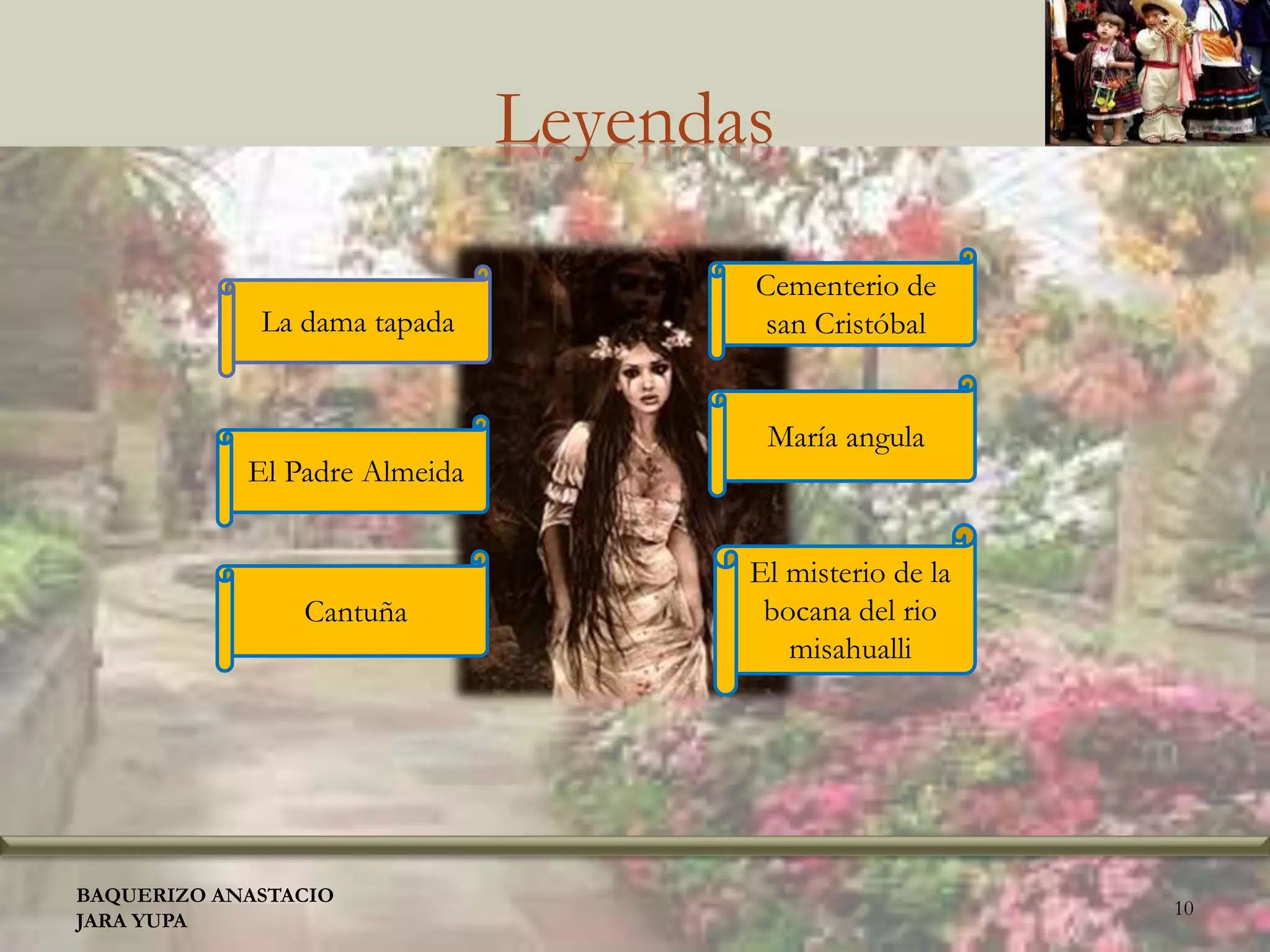 Leyendas
BAQUERIZO ANASTACIO
JARA YUPA
10
La dama tapada
El Padre Almeida
Cantuña
El misterio de la
bocana del rio
misahualli
Cementerio de
san Cristóbal
María angula
 