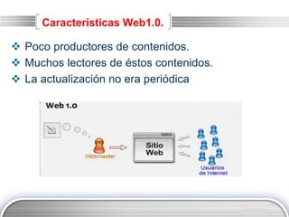 LOGO
Características Web1.0.
 Poco productores de contenidos.
 Muchos lectores de éstos contenidos.
 La actualización no era periódica
 