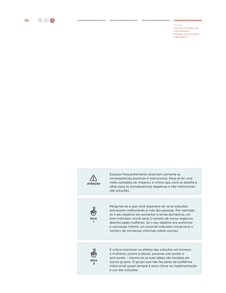 99

H

C

D
Deliver
Criando um Plano de
Aprendizado
Método: Monitorando
Indicadores

ATENÇÃO

DICA
1

DiCA
2

Equipes frequentemente observam somente as
consequências positivas e intencionais. Para se ter uma
visão completa do impacto, é critico que você se desafie a
olhar para as consequências negativas e não intencionais
das soluções.

Pergunte-se o que você esperaria ver se as soluções
estivessem melhorando a vida das pessoas. Por exemplo,
se o seu objetivo era aumentar a renda doméstica, um
bom indicador inicial seria o número de novos negócios
abertos pelas mulheres. Se o seu objetivo era aumentar
a vacinação infantil, um possível indicador inicial seria o
número de conversas informais sobre vacinas.

É crítico monitorar os efeitos das soluções em homens
e mulheres, jovens e idosos, pessoas com poder e
sem poder – mesmo se as suas idéias são focadas em
outros grupos. O grupo que não faz parte da audiência
intencional quase sempre é peça chave na implementação
e uso das soluções.

 