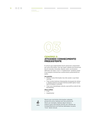 15

H

C

D
Introdução
Cenários de Uso

cenário 3:
Ativando conhecimento
prEexistente
É comum que organizações façam pesquisas e disponham
de muita informação, mas não sejam capazes de transformálas em soluções concretas. Nesses casos, os processos
definidos nas fases “Criar” e “Implementar” poderão ajudar
a sua equipe a transformar conhecimento preexistente em
ações.
Use quando:
»	 Possuir muita informação mas não souber o que fazer
com ela.
»	 Tiver ouvido histórias interessantes da equipe de campo
e deseja verificar se essas histórias podem gerar novas
oportunidades e soluções.
»	
Tiver uma metodologia robusta, que prefira a este kit de
ferramentas.
Abra e utilize:
»	 Criar
» 	Implementar

DICA

Mesmo que você tenha informações coletadas
através de outros métodos (em documentos do
Word, por exemplo), dedique algum tempo a
traduzir essas informações através dos métodos de
Compartilhamento de Histórias delineados na parte
“Criar” deste manual.

 