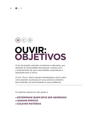 18

H

C

D

Ouvir:
OBJETIVOS
O ato de projetar soluções inovadoras e relevantes, que
atendam às necessidades das pessoas, começa com
o entendimento de suas necessidades, expectativas e
aspirações para o futuro.
O livro “Ouvir” dará à equipe metodologias e dicas sobre
como abordar as pessoas em seus próprios contextos
para entender em profundidade os seus problemas.

Os objetivos desse livro são ajudar a:

»	Determinar quem deve ser abordado
»	ganhar empatia
»	coletar histórias

 