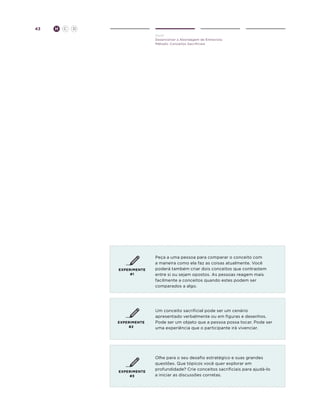 43

H

C

D
Ouvir
Desenvolver a Abordagem de Entrevista
Método: Conceitos Sacrificiais

EXPERIMENTE
#1

Peça a uma pessoa para comparar o conceito com
a maneira como ela faz as coisas atualmente. Você
poderá também criar dois conceitos que contrastem
entre si ou sejam opostos. As pessoas reagem mais
facilmente a conceitos quando estes podem ser
comparados a algo.

EXPERIMENTE
#2

Um conceito sacrificial pode ser um cenário
apresentado verbalmente ou em figuras e desenhos.
Pode ser um objeto que a pessoa possa tocar. Pode ser
uma experiência que o participante irá vivenciar.

EXPERIMENTE
#3

Olhe para o seu desafio estratégico e suas grandes
questões. Que tópicos você quer explorar em
profundidade? Crie conceitos sacrificiais para ajudá-lo
a iniciar as discussões corretas.

 