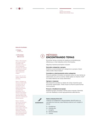 67

H

C

D
Create
Identificando Padrões
Método: Encontrando Temas

Notas do Facilitador
	Tempo:
	 30-60 mins.

método:
encontrANDO temas

	Dificuldade:

Encontrar temas consiste em explorar as semelhanças,
diferenças, e inter-relações entre informações.

Passo 1. Peça à equipe
que vá até a parede
ou quadro onde
colocaram os Post-its
com os elementos
principais das histórias
e selecione as 5 frases
mais interessantes,
observações e/ou
insights.

Algumas maneiras de fazê-lo incluem:
Descubra categorias e grupos
Ordene os seus achados em categorias ou grupos. Quais
idéias estão relacionadas?
Considere o relacionamento entre categorias
Procure padrões e tensões na maneira como os seus temas se
relacionam uns com os outros. Estão todos no mesmo nível?
Ou estão falando de coisas diferentes?

Passo 2. Em um novo
quadro, ordene esses
em temas.

Agrupe e reagrupe
Decomponha e analise os dados de várias maneiras para
encontrar significados. Tente mover os Post-its para formar
novos grupos.

Passo 3. Assegure-se
de que os temas estão
no mesmo nível. Se
um tema for muito
específico, peça a
equipe que encontre
uma idéia mais
abrangente. Se um
tema for muito aberto
ou tiver muitas idéias
diferentes abaixo dele,
peça que o quebrem em
diversos grupos.
Passo 4. Quando
terminar de reordenar,
dê a cada tema um
título em um novo
Post-it. Garanta que
exista espaço suficiente
entre ou abaixo das
diferentes categorias
para facilitar o próximo
passo de identificação
de oportunidades.

Procure o feedback da equipe
Explique grupos recentes e temas para a equipe. Aprenda
com seu feedback e tente agrupamentos alternativos.

EXPERIMENTE

Tente a técnica P.O.I.N.T.
Traduza os Problemas e Necessidades identificados na
narração de histórias (veja Método anterior) em insigths e
temas.
P	 = 	 roblemas
P
O	=	Obstáculos
I	 =	Insights
N	=	Necessidades
T	 =	Temas

 