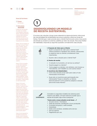 H

86

C

D
Deliver
Desenvolvendo um
Modelo de Receita
Sustentável

Notas do Facilitador
	
	

Tempo:

	

Dificuldade:

30-45 mins.

Foque em uma solução
de cada vez e realize
com a equipe o exercício
abaixo. Alternativamente,
o grupo maior pode ser
separado em grupos
menores de dois ou três,
com cada equipe menor
focando em uma solução.
Passo 1. Em um quadro ou
flip chart, escreva “Valor
para o Cliente”. Peça a
equipe que identifique
como cada solução
proverá valor para o
cliente final. Escreva
tudo. Peça a equipe que
responda a questão:
“Quanto vale a solução
para o cliente final?”
Escreva o resultado no
quadro.

desenvolvendo um modelo
de receita sustentável
O sucesso das soluções a longo prazo depende do desenvolvimento intencional
de uma estratégia de rentabilidade que possa sustentar a oferta ao longo do
tempo. Permita que o valor provido para o cliente final funcione como o seu ponto
de entrada ao projetar os sistemas satélites ao redor da solução. Para essa Análise
de Viabilidade, responda as seguintes questões considerando cada solução.

TIP

»	
Quanto vale a solução para o cliente final?
2. Fontes de receita
»	 solução é um produto, um serviço ou ambos?
A

Passo 2. Em um quadro
ou flip chart separado,
escreva ”Fontes de
Receita”. Peça a equipe
que identifique quem
irá pagar pelo produto
ou serviço. Quanto cada
participante irá pagar?
Como os pagamentos
serão recebidos? Utilize
os modelos de cobrança
do quadro “Experimente”
ao lado para ajudar.
Passo 3. Em outro
quadro ou flip chart,
escreva “Incentivos dos
interessados.” Peça a
equipe que identifique
todos os interessados ou
envolvidos na cadeia de
valor que serão afetados
pela solução. Passe por
cada ator e pergunte:
“Qual o incentivo para
que esse grupo participe
ou ajude nesta solução?”
Se existe algum grupo
que tem um desincentivo
para participar da
solução pergunte: “Como
podemos adaptar a
solução para encorajar a
participação deles?”
Passo 4. Se a equipe foi
dividida em pequenos
grupos, junte os grupos
novamente e compartilhe.

1. Proposta de Valor para o Cliente
»	
Qual é a proposta de valor para o cliente final?
Utilize protótipos e feedback dos clientes, destacando
os aspectos que os clientes consideraram mais
importantes.

»	
Quanto pagam os clientes?
»	 Como pagam os clientes: com dinheiro, com trocas ou
mercadorias, com trabalho ou com outros meios?
3. Incentivos dos Stakeholders
»	
Como esta solução provê valor para cada um dos
interessados envolvidos?
»	
Quais são os incentivos para participação dos
interessados? Quais os desafios ou fatores
desmotivadores? Como podemos adaptar a solução
para evitar esses fatores?

EXPERIMENTE

Considere os seguintes modelos de cobrança para
inspirar suas idéias. Um bom exercício é pedir que a
equipe de projeto siga a lista e pergunte:
“Como seria a nossa solução se ela fosse: ...?
»	 Só para sócios / Assinatura
»	 Dada de presente, partilhando o lucro produzido
»	 O produto de graça, o refill vendido
»	 Subsidiada
»	 Dada como produto, vendida como serviço
»	 Serviço apenas
»	 Pagamento por uso.

 