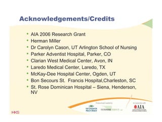 Acknowledgements/Credits
• AIA 2006 Research Grant
• Herman Miller
• Dr Carolyn Cason, UT Arlington School of Nursing
• Parker Adventist Hospital Parker CO• Parker Adventist Hospital, Parker, CO
• Clarian West Medical Center, Avon, IN
• Laredo Medical Center, Laredo, TXLaredo Medical Center, Laredo, TX
• McKay-Dee Hospital Center, Ogden, UT
• Bon Secours St. Francis Hospital,Charleston, SC
• St. Rose Dominican Hospital – Siena, Henderson,
NV
 