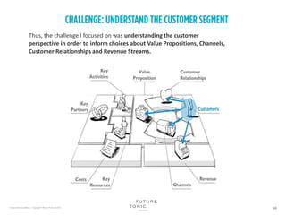 Thus, the challenge I focused on was understanding the customer
perspective in order to inform choices about Value Propositions, Channels,
Customer Relationships and Revenue Streams.
 