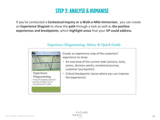 If you’ve conducted a Contextual Inquiry or a Walk-a-Mile-Immersion, you can create
an Experience Diagram to show the path through a task as well as the positive
experiences and breakpoints, which highlight areas that your VP could address.
Create an experience map of the customers’
experience to show:
• An overview of the current state (actions, tools,
actors, decision points, emotional journey,
customer touchpoints)
• Critical breakpoints (areas where you can improve
the experience)
A way of mapping a person’s
journey through a set of
circumstances or tasks.
 