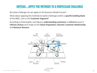 But what challenge can we apply on the Business Model Canvas?
What about applying the methods to tackle challenges within a specific building block
of the BMC, such as the Customer Segment?
According to Osterwalder and Pigneur understanding customers is critical because it
informs choices we'll make on the Value Proposition, Channel, Customer Relationship
and Revenue Streams.
 