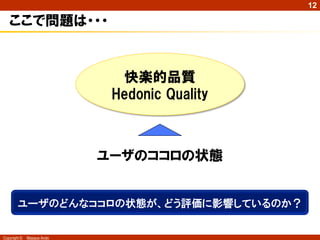 12

   ここで問題は・・・


                              快楽的品質
                             Hedonic Quality



                            ユーザのココロの状態


        ユーザのどんなココロの状態が、どう評価に影響しているのか？


Copyright ©   Masaya Ando
 