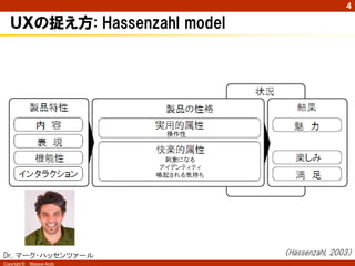 4

   ＵＸの捉え方: Hassenzahl model




Dr. マーク・ハッセンツァール              （Hassenzahl, 2003）
Copyright ©   Masaya Ando
 