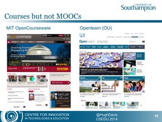 CENTRE FOR INNOVATION
IN TECHNOLOGIES & EDUCATION
@HughDavis
CSEDU 2014
MIT OpenCourseware Openlearn (OU)
Courses but not MOOCs
10
 