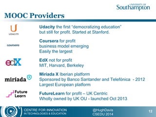 CENTRE FOR INNOVATION
IN TECHNOLOGIES & EDUCATION
@HughDavis
CSEDU 2014
Udacity the first “democratizing education”
but still for profit. Started at Stanford.
Coursera for profit
business model emerging
Easily the largest
EdX not for profit
MIT, Harvard, Berkeley
Miríada X Iberian platform
Sponsored by Banco Santander and Telefónica - 2012
Largest European platform
FutureLearn for profit – UK Centric
Wholly owned by UK OU - launched Oct 2013
MOOC Providers
12
 