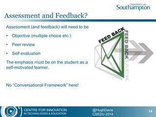 CENTRE FOR INNOVATION
IN TECHNOLOGIES & EDUCATION
@HughDavis
CSEDU 2014
Assessment (and feedback) will need to be
• Objective (multiple choice etc.)
• Peer review
• Self evaluation
The emphasis must be on the student as a
self-motivated learner.
No “Conversational Framework” here!
Assessment and Feedback?
14
 