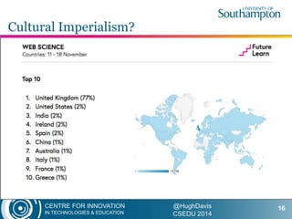 CENTRE FOR INNOVATION
IN TECHNOLOGIES & EDUCATION
@HughDavis
CSEDU 2014
Cultural Imperialism?
16
 