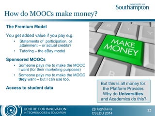 CENTRE FOR INNOVATION
IN TECHNOLOGIES & EDUCATION
@HughDavis
CSEDU 2014
The Fremium Model
You get added value if you pay e.g.
• Statements of participation, or
attainment – or actual credits?
• Tutoring – the eBay model
Sponsored MOOCs
• Someone pays me to make the MOOC
I want (for their marketing purposes)
• Someone pays me to make the MOOC
they want – but I can use too.
Access to student data
How do MOOCs make money?
25
But this is all money for
the Platform Provider.
Why do Universities
and Academics do this?
 