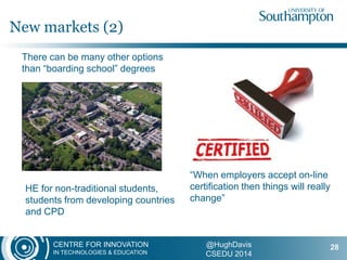 CENTRE FOR INNOVATION
IN TECHNOLOGIES & EDUCATION
@HughDavis
CSEDU 2014
“When employers accept on-line
certification then things will really
change”
There can be many other options
than “boarding school” degrees
New markets (2)
28
HE for non-traditional students,
students from developing countries
and CPD
 