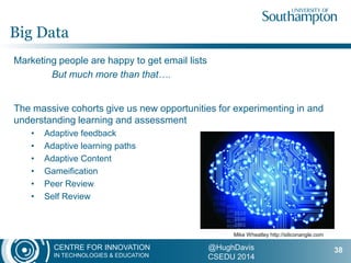 CENTRE FOR INNOVATION
IN TECHNOLOGIES & EDUCATION
@HughDavis
CSEDU 2014
Marketing people are happy to get email lists
But much more than that….
The massive cohorts give us new opportunities for experimenting in and
understanding learning and assessment
• Adaptive feedback
• Adaptive learning paths
• Adaptive Content
• Gameification
• Peer Review
• Self Review
Big Data
38
Mike Wheatley http://siliconangle.com
 