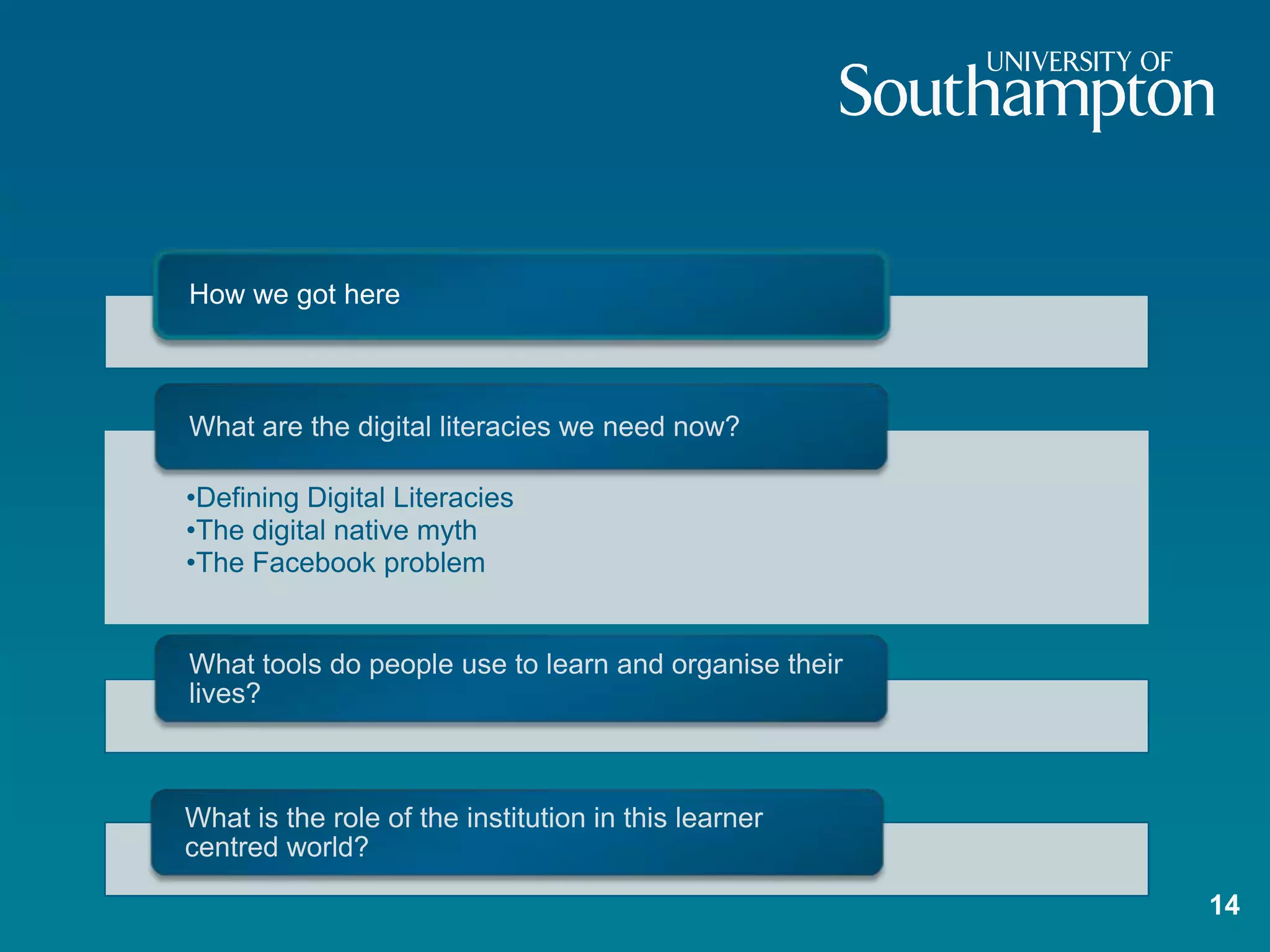 How we got here



What are the digital literacies we need now?

•Defining Digital Literacies
•The digital native myth
•The Facebook problem


What tools do people use to learn and organise their
lives?



What is the role of the institution in this learner
centred world?

                                                       14
 