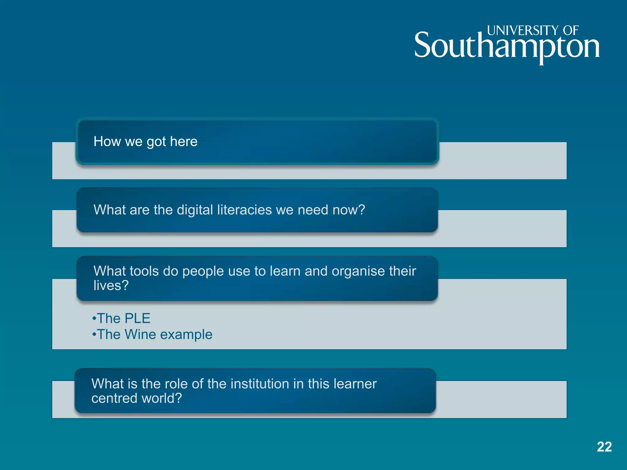 How we got here



What are the digital literacies we need now?



What tools do people use to learn and organise their
lives?

•The PLE
•The Wine example


What is the role of the institution in this learner
centred world?


                                                       22
 