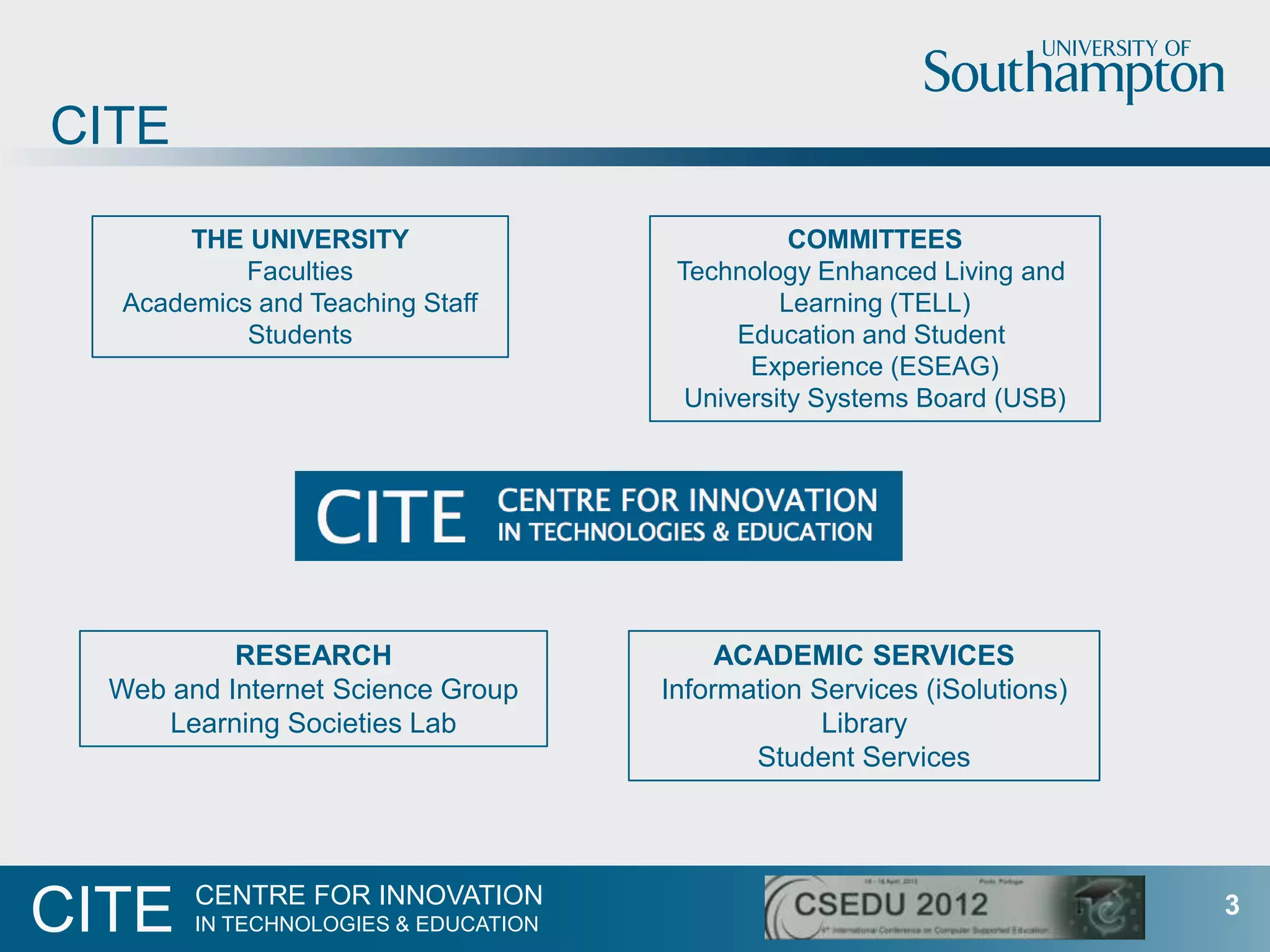 CITE
        THE UNIVERSITY                           COMMITTEES
            Faculties                  Technology Enhanced Living and
   Academics and Teaching Staff                 Learning (TELL)
            Students                        Education and Student
                                             Experience (ESEAG)
                                        University Systems Board (USB)




           RESEARCH                        ACADEMIC SERVICES
  Web and Internet Science Group      Information Services (iSolutions)
      Learning Societies Lab                       Library
                                             Student Services



        CENTRE FOR INNOVATION
CITE    IN TECHNOLOGIES & EDUCATION
                                                                          3
 
