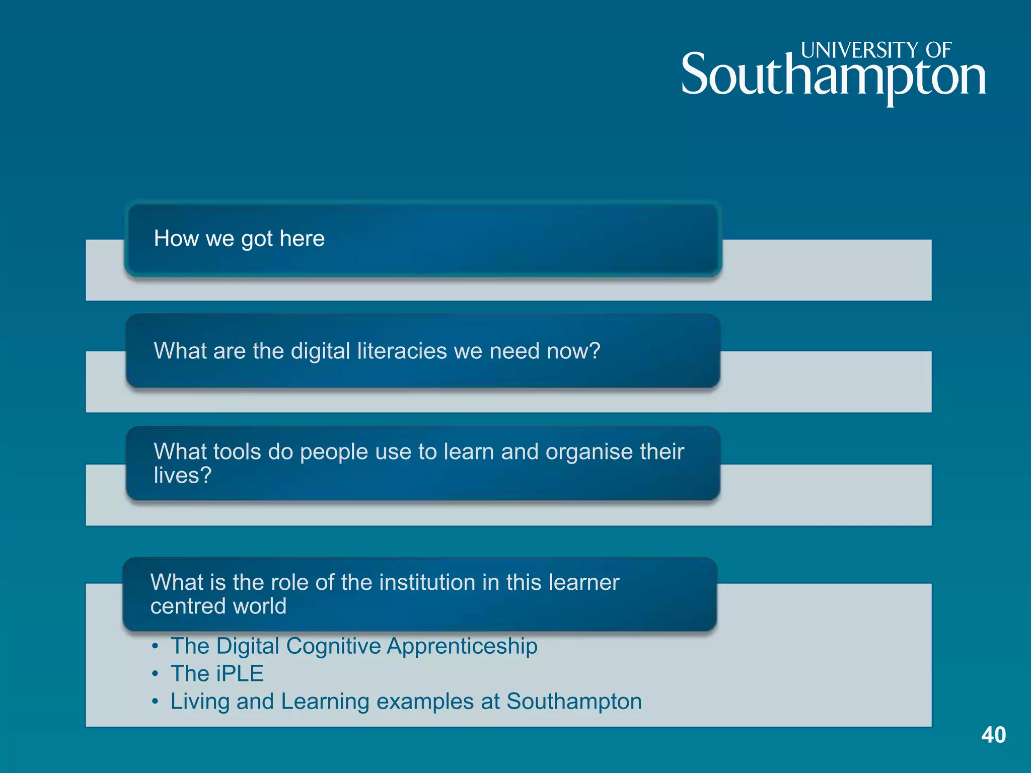How we got here



What are the digital literacies we need now?



What tools do people use to learn and organise their
lives?



What is the role of the institution in this learner
centred world
• The Digital Cognitive Apprenticeship
• The iPLE
• Living and Learning examples at Southampton
                                                       40
 