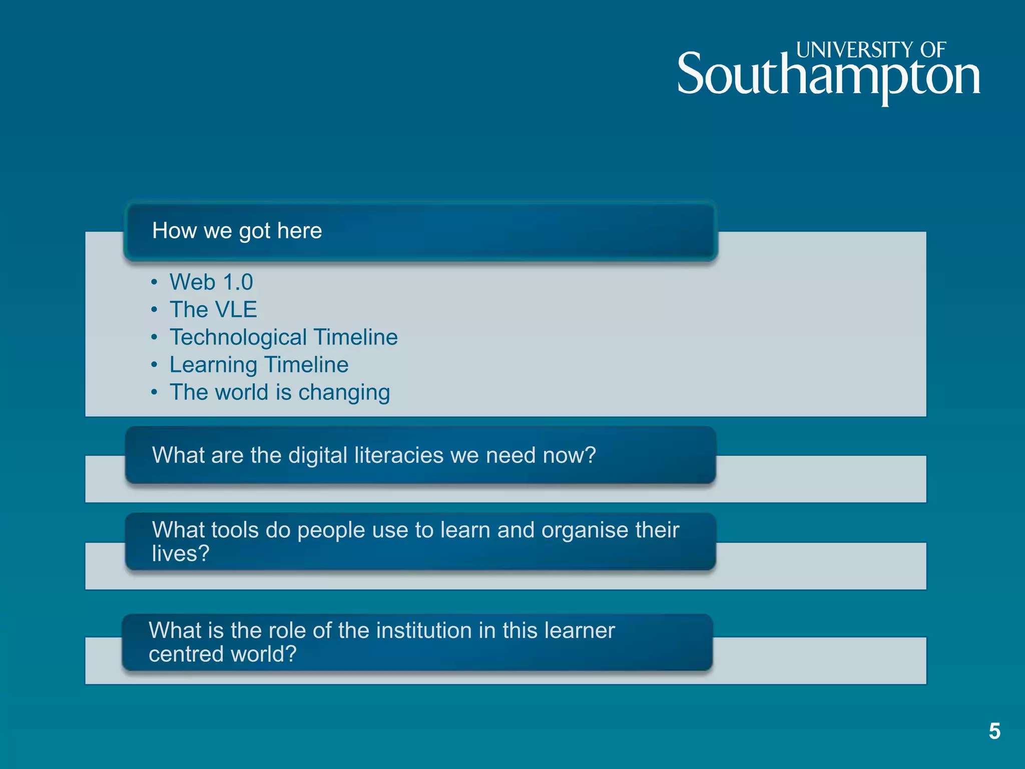 How we got here

•   Web 1.0
•   The VLE
•   Technological Timeline
•   Learning Timeline
•   The world is changing

What are the digital literacies we need now?


What tools do people use to learn and organise their
lives?


What is the role of the institution in this learner
centred world?


                                                       5
 