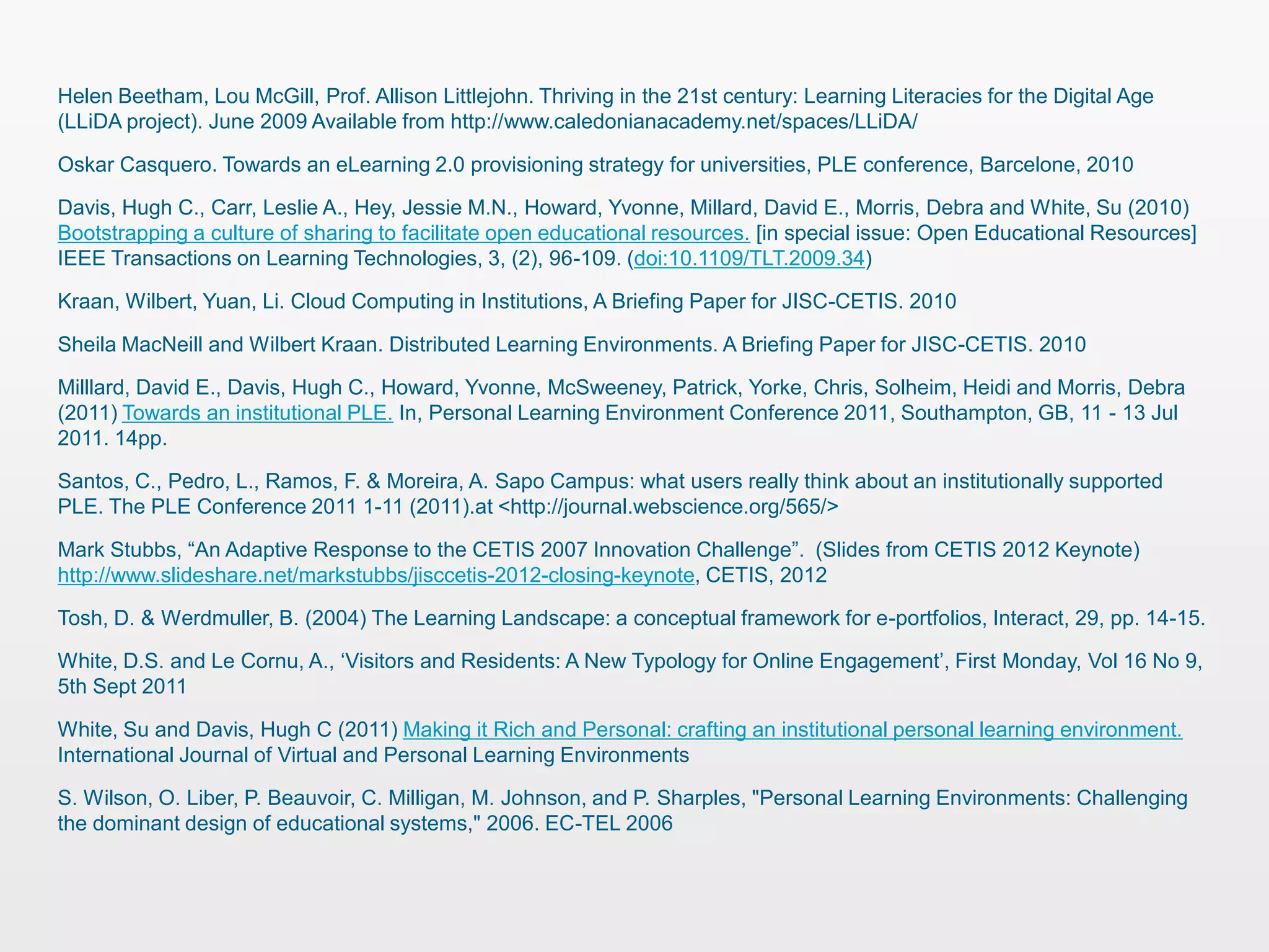 Helen Beetham, Lou McGill, Prof. Allison Littlejohn. Thriving in the 21st century: Learning Literacies for the Digital Age
(LLiDA project). June 2009 Available from http://www.caledonianacademy.net/spaces/LLiDA/

Oskar Casquero. Towards an eLearning 2.0 provisioning strategy for universities, PLE conference, Barcelone, 2010

Davis, Hugh C., Carr, Leslie A., Hey, Jessie M.N., Howard, Yvonne, Millard, David E., Morris, Debra and White, Su (2010)
Bootstrapping a culture of sharing to facilitate open educational resources. [in special issue: Open Educational Resources]
IEEE Transactions on Learning Technologies, 3, (2), 96-109. (doi:10.1109/TLT.2009.34)

Kraan, Wilbert, Yuan, Li. Cloud Computing in Institutions, A Briefing Paper for JISC-CETIS. 2010

Sheila MacNeill and Wilbert Kraan. Distributed Learning Environments. A Briefing Paper for JISC-CETIS. 2010

Milllard, David E., Davis, Hugh C., Howard, Yvonne, McSweeney, Patrick, Yorke, Chris, Solheim, Heidi and Morris, Debra
(2011) Towards an institutional PLE. In, Personal Learning Environment Conference 2011, Southampton, GB, 11 - 13 Jul
2011. 14pp.

Santos, C., Pedro, L., Ramos, F. & Moreira, A. Sapo Campus: what users really think about an institutionally supported
PLE. The PLE Conference 2011 1-11 (2011).at <http://journal.webscience.org/565/>

Mark Stubbs, “An Adaptive Response to the CETIS 2007 Innovation Challenge”. (Slides from CETIS 2012 Keynote)
http://www.slideshare.net/markstubbs/jisccetis-2012-closing-keynote, CETIS, 2012

Tosh, D. & Werdmuller, B. (2004) The Learning Landscape: a conceptual framework for e-portfolios, Interact, 29, pp. 14-15.

White, D.S. and Le Cornu, A., „Visitors and Residents: A New Typology for Online Engagement‟, First Monday, Vol 16 No 9,
5th Sept 2011

White, Su and Davis, Hugh C (2011) Making it Rich and Personal: crafting an institutional personal learning environment.
International Journal of Virtual and Personal Learning Environments

S. Wilson, O. Liber, P. Beauvoir, C. Milligan, M. Johnson, and P. Sharples, "Personal Learning Environments: Challenging
the dominant design of educational systems," 2006. EC-TEL 2006
 