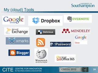 My (cloud) Tools




       CENTRE FOR INNOVATION
CITE   IN TECHNOLOGIES & EDUCATION
                                     24
 