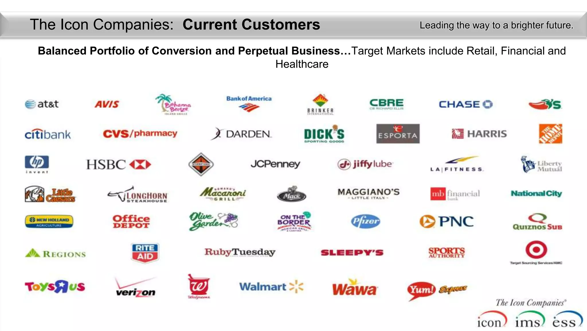 The Icon Companies: Current Customers                                    Leading the way to a brighter future.

 Balanced Portfolio of Conversion and Perpetual Business…Target Markets include Retail, Financial and
                                            Healthcare
 