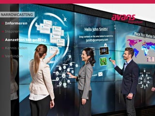 | 11
NARROWCASTING
• Informeren
• Inspireren
• Aanzetten tot gedrag
• Kennis delen
• Verbinden
 