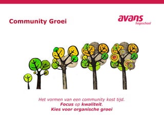 Community Groei
Het vormen van een community kost tijd.
Focus op kwaliteit.
Kies voor organische groei
 