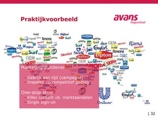 | 32
Praktijkvoorbeeld
Marketing@unilever
– Gebrek aan tijd (campagne)
– Inspelen op competitief gedrag
One-stop shop
– Killer content vb. marktaandelen
– Single sign-on
 