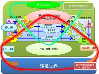 環境世界
認識の
形成
記憶
意思の
決定
身体
制御
エフェクター・身体
運動の
構成
センサー・身体
意思決定
モジュール
意思決定
モジュール
意思決定
モジュール
記憶体
情報処理過程 運動創出過程
身体部分
情報
統合
運動
統合
「構成的自己＝知能」
の形成（創造）
存在（身体・記憶）
自分のコア
受け渡し
自我を安定させる
自分を時間と世界
に投げ出す
 