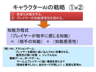 キャラクターAIの戦略 ①x②
知能方程式
（プレイヤーが相手に感じる知能）
＝ （相手の知能） × （知能感受性）
① 高度な知能を作る。
② プレイヤーの知能感受性を高める。
（例） FPS、アクションゲーム :
プレイヤーを窮地に追い込んでAIに攻撃させる。
感受性が高い状態 x シンプルなAI
戦略ゲーム、ボードゲーム:
ゲーム上プレイヤーに強い意図を持たせて
（領地を増やしたい、あのカードが欲しい） x 高度な思考AI
 