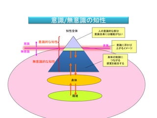 意識/無意識の知性
身体の制御に
つながる
感覚を統合する
知性全体 人の意識的な部分
意識自身には機能がない
環境
身体
意識
無意識
意識的な知性
無意識的な知性
表象 意識に浮かび
上がるイメージ
 