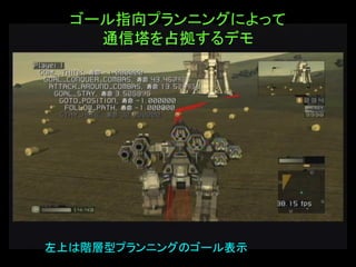 Conquer_Combas_TeamAI.avi
ゴール指向プランニングによって
通信塔を占拠するデモ
左上は階層型プランニングのゴール表示
 