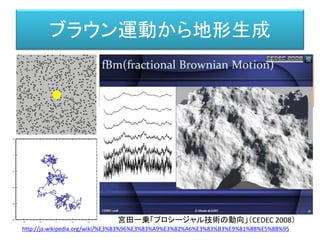 ブラウン運動から地形生成
ロバート・ブラウン博士によって、１８２７年に発見された現象。
微粒が媒質（液体）の中で行う不規則な運動。
アインシュタイン博士によって、熱運動する媒質の不規則な
衝突によって引き起こされると説明された。
http://ja.wikipedia.org/wiki/%E3%83%96%E3%83%A9%E3%82%A6%E3%83%B3%E9%81%8B%E5%8B%95
宮田一乗「プロシージャル技術の動向」（CEDEC 2008）
 