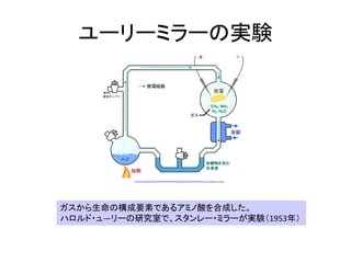 ユーリーミラーの実験
ガスから生命の構成要素であるアミノ酸を合成した。
ハロルド・ュ―リーの研究室で、スタンレー・ミラーが実験（1953年）
http://ja.wikipedia.org/wiki/%E3%83%95%E3%82%A1%E3%82%A4%E3%83%AB:Miller-Urey_experiment_JP.png
 