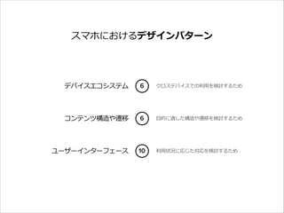 スマホにおけるデザインパターン

デバイスエコシステム

6

クロスデバイスでの利利⽤用を検討するため

コンテンツ構造や遷移

6

⽬目的に適した構造や遷移を検討するため

ユーザーインターフェース

10

利利⽤用状況に応じた対応を検討するため

 